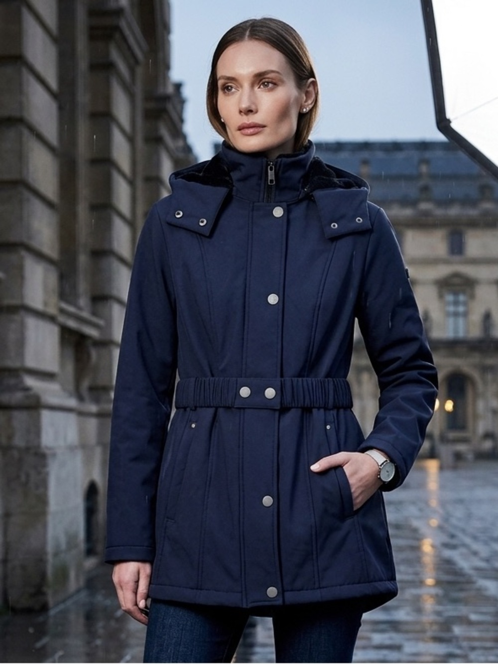 Nautica Blue Belted Softshell Faux Fur Hooded Rain Jacket Trench Coat - SMALL